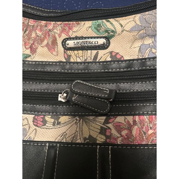 GUC Stone & Co Shoulder Bag Purse Floral/Black Faux Leather Very Clean 12"x9"x3" - Picture 3 of 5